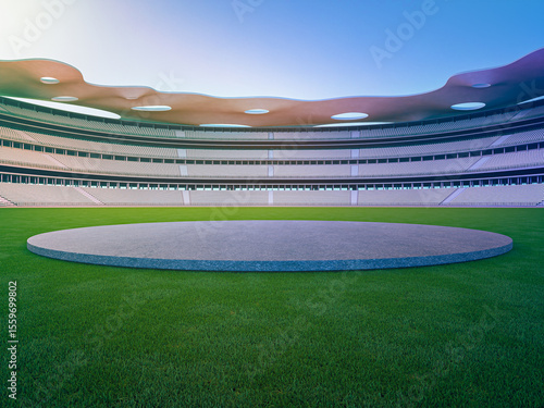 Empty gray asphalt podium on grass floor in stadium. 3d rendering of outdoor space and future architecture with blue sky background.