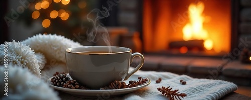 Cozy Winter Fireplace Scene with Steaming Mug of Tea, Soft Blankets, and Pine Cones Perfect for Relaxation and Seasonal Comfort