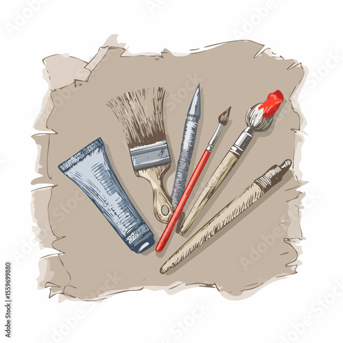 Messy, expressive vector sketch of art tools like palette, paintbrush, ink bottle, and charcoal stick drawn in rough lines on torn sketchpad background.