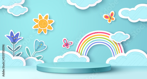 Paper cut rainbow scene with blue sky background - colorful arch connecting fluffy clouds, yellow sun, butterflies around cylinder podium. Flowers bloom beside platform in layered papercraft style.