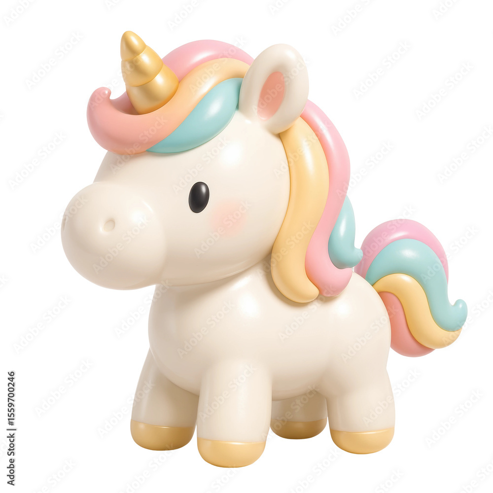 A cute white unicorn figurine featuring a golden horn and pastel pink, blue, and yellow mane and tail. Ideal for children themes, fantasy, and whimsical designs. A cute white unicorn figurine featuring a golden horn and pastel pink, blue, and yellow mane and tail. Ideal for children themes, fantasy, and whimsical designs.