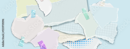 Funky paper collage with pastel torn sheets, green and pink pieces of adhesive tape, grid and dots patterns layered on blue background. Mixed scrapbooking elements for creative journaling, mood boards