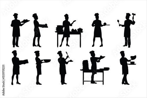 Diverse Chefs and Kitchen Staff Silhouettes - Food Preparation Vector Set