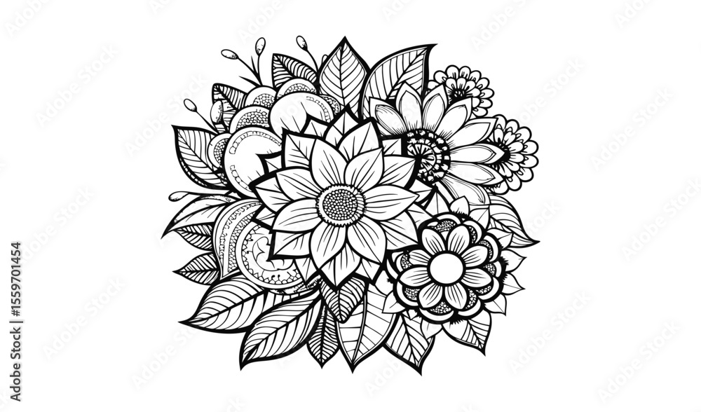 Fototapeta premium Ornate black and white floral bouquet illustration