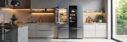 Sleek Modern Refrigerator Seamlessly Integrated into Stylish Kitchen Design, Offering Clean and Efficient Contemporary Aesthetics Perfect for Minimalist Homes