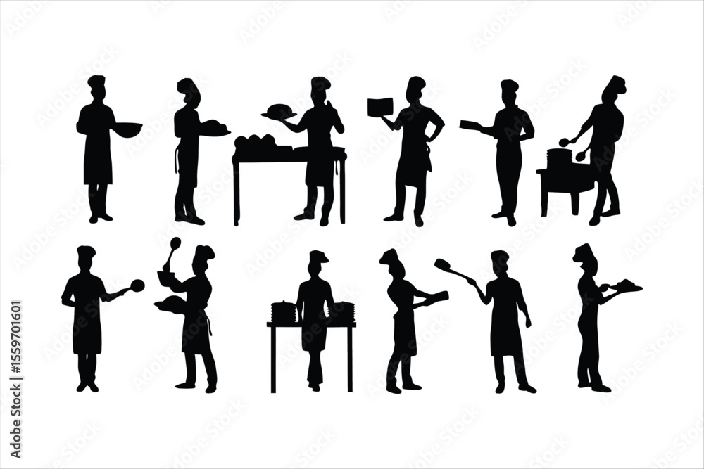 Diverse Chefs and Kitchen Staff Silhouettes - Food Preparation Vector Set Diverse Chefs and Kitchen Staff Silhouettes - Food Preparation Vector Set