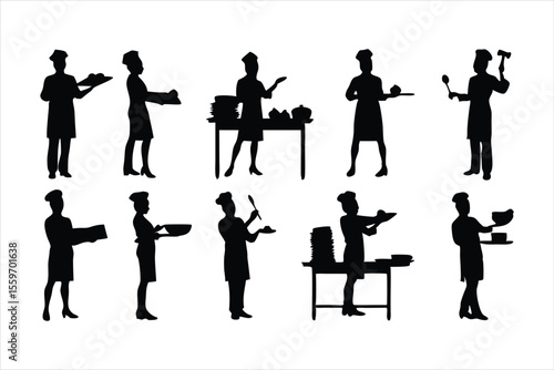 Diverse Chefs and Kitchen Staff Silhouettes - Food Preparation Vector Set
