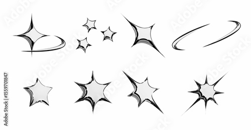 Chrome star emoticon set with metallic silver sparkles, swoosh trail, cluster formation, curved motion line and sharp pointed bursts for y2k aesthetic design, retro digital art or shiny interface.