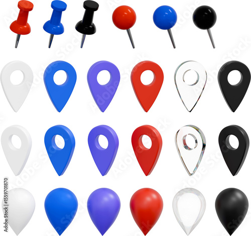 푸시핀 고정핀 및 지도 위치 마커 아이콘 세트 3D 일러스트 / Push Pin and Map Location Marker Icon Set 3D Illustration