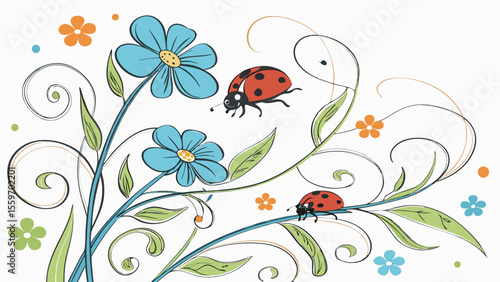 Whimsical Floral Vector Illustrations with Ladybugs and Blue Blossoms