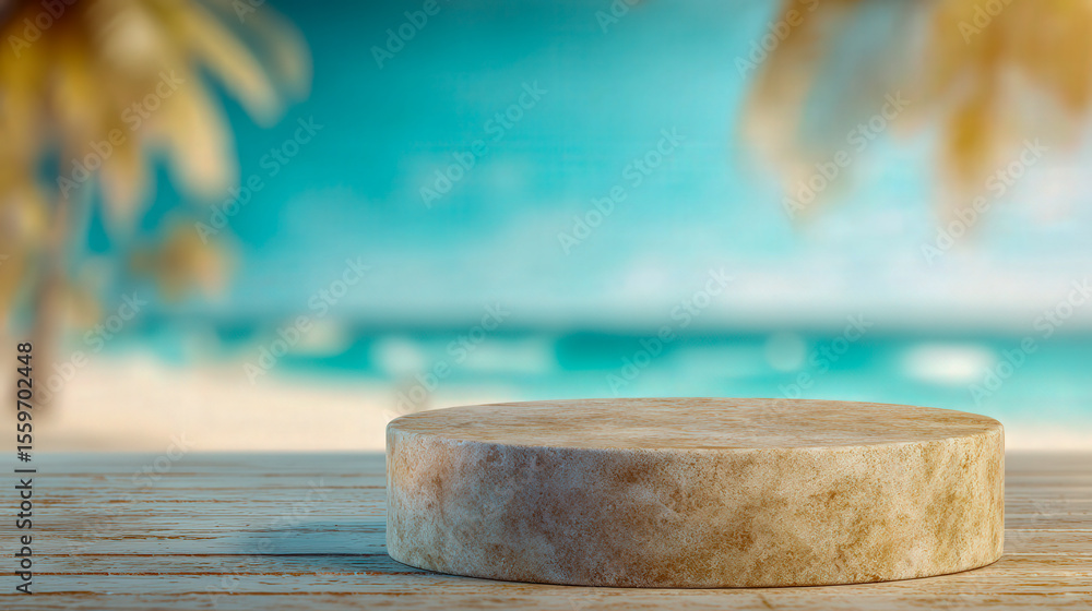 Obraz premium Stone Pedestal on Sandy Beach with Palm Trees, Ocean Backdrop on a Bright Day
