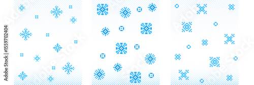 Pixel snow patterns set with blue snowflakes - star shapes, geometric crystals, square blocks and dots falling on gradient background. Retro 8 bit winter element for game design and holiday decoration