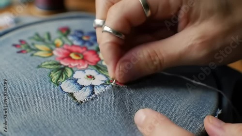 Close-up of a hand embroidering colorful floral patterns on denim fabric, showcasing intricate craftsmanship