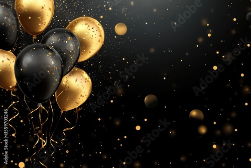Modern Black Friday background with shiny balloons and golden serpentine flying, vector style