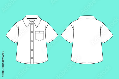 Black and White Baby Boys short sleeve Shirt fashion flat sketch template outline CAD mockup.