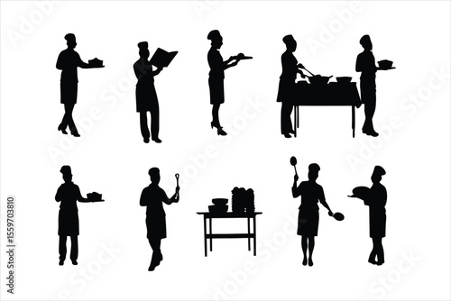 Diverse Chefs and Kitchen Staff Silhouettes - Food Preparation Vector Set