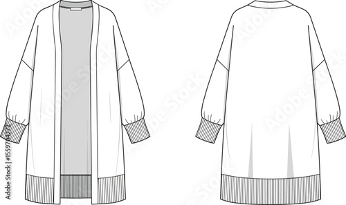 Flat sketch long cardigan with ribbed cuffs and hem, front and back view, fashion technical drawing, loose fit vector template