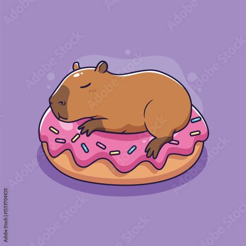 Cute Capybara Sleeping on a Donut. Vector illustration