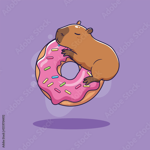 Cute capybara sleeping on a donut. Vector illustration of a capybara
