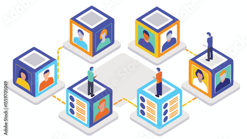 Isometric view of people standing on cubes connected by lines with portraits on the faces of cubes