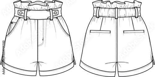 High waist paper bag shorts flat sketch, front and back view, fashion design template, technical vector illustration, stylish summer apparel