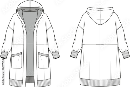 Long hoodie cardigan flat sketch, front and back view, casual outerwear fashion design, ribbed hem cuffs, vector illustration