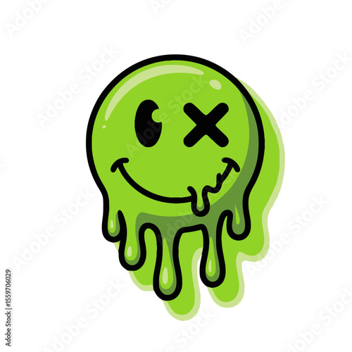 Dripping Green Slime Smiley Face Graffiti Art, Playful green slime smiley face with dripping effect and cartoon X eye, set against grunge border, ideal for urban and alternative designs.

