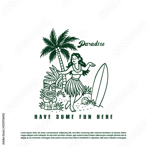 Vintage retro hand drawn Hawaiian dancing girl dancing in beach 