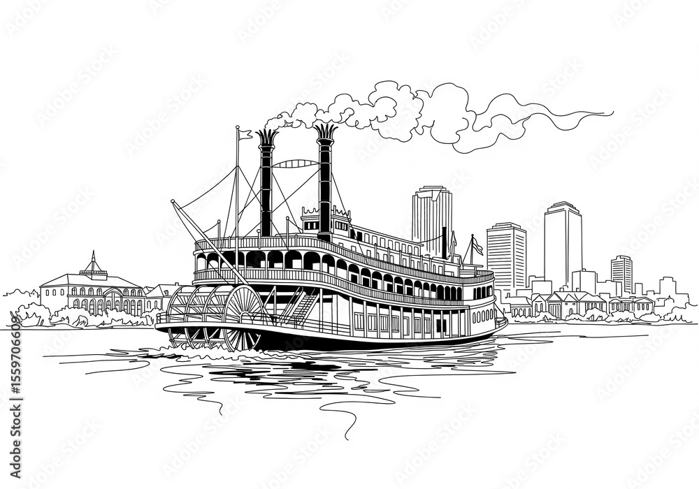 Obraz premium Steamboat Natchez in New Orleans one line drawing