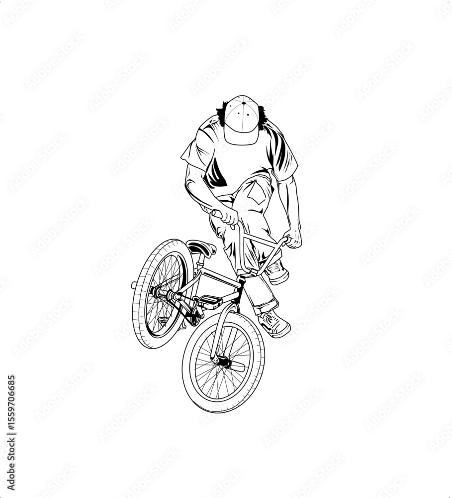 Naklejka premium Stylized illustration featuring a male BMX biker in action, great for apparel, event posters, or digital media focusing on extreme sports.