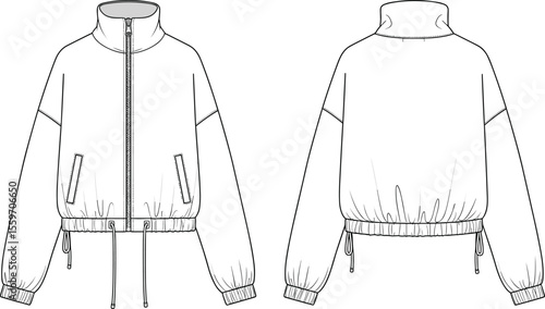 Technical flat sketch of women's zip-up bomber jacket with high collar, pockets, drawstring hem, rib cuffs, vector fashion illustration