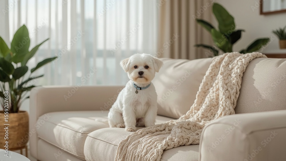 Small White Dog Sitting on Cozy Sofa in Bright Modern Living Room Small White Dog Sitting on Cozy Sofa in Bright Modern Living Room
