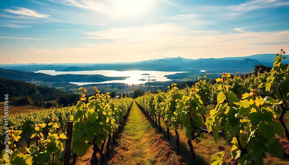 Naklejka premium Sun-drenched vineyard overlooking serene lake and distant hills, vine, vineyard