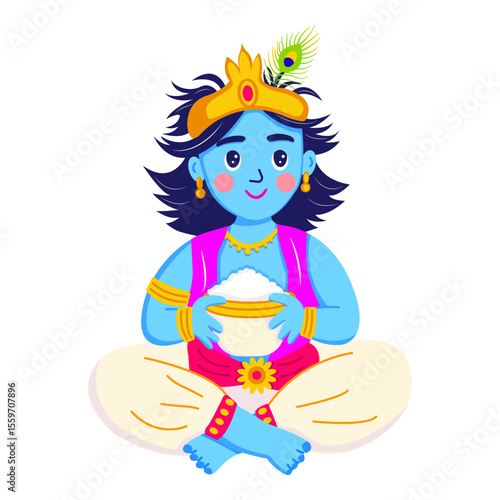Colorful illustration of baby Krishna with pot