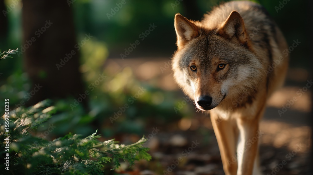 Fototapeta premium Intense Close-Up of Wolf with Sharp Gaze Walking Through Forest