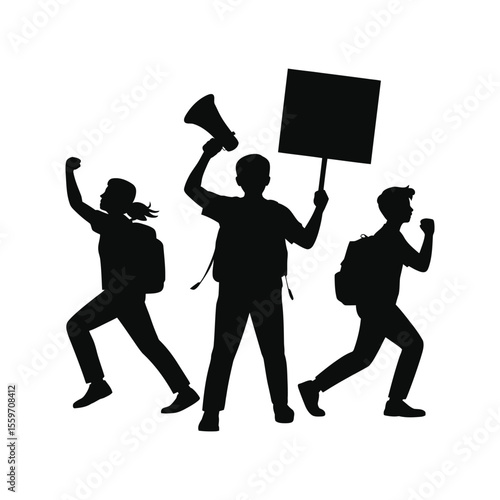 Dynamic Protestors Silhouette with Megaphone and Sign - Activism and Demonstration