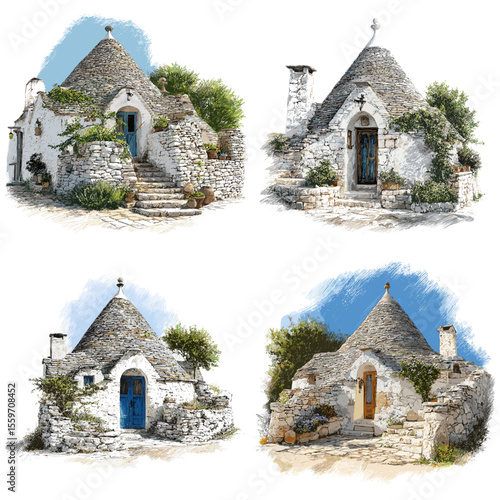 Traditional Italian Trullo stone houses with conical roofs, whitewashed walls, and blue doors, illustrated in charming Mediterranean village style.

