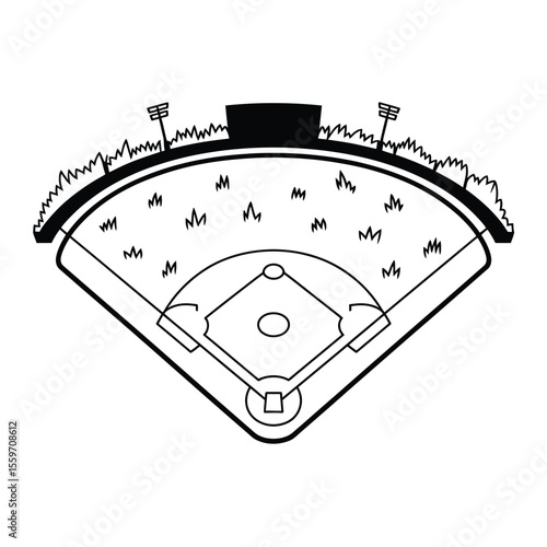 Simple Black and White Baseball Field Illustration with Grass