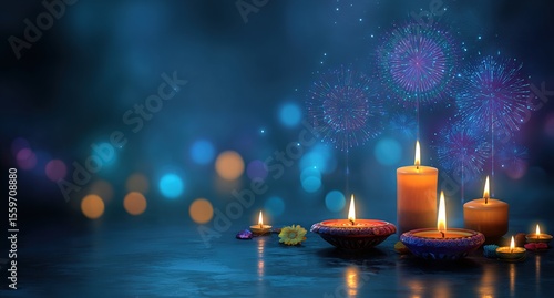 diwali celebration background with blue lights, fireworks and burning candles. High quality