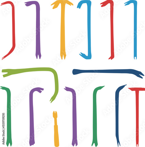 Colorful Crowbar & Pry Bar Vector Illustration Set. Essential Demolition, Construction, and Salvage Tools for Home Improvement and DIY Projects. Leverage Instruments.