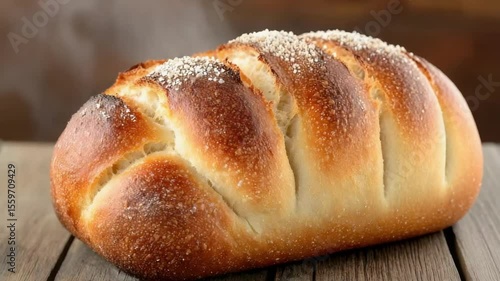 A freshly baked loaf of bread with a golden crust and a dusting of flour on top, resting on a wooden surface.