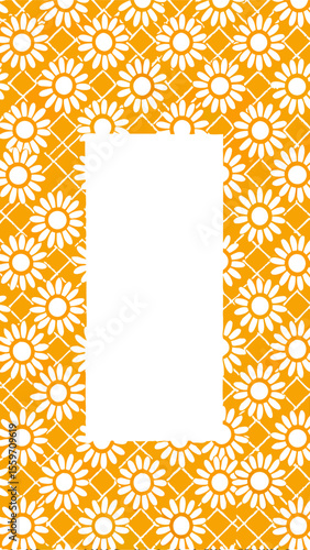 A vibrant orange background with a repeating pattern of white daisies set against a subtle diamond grid overlay