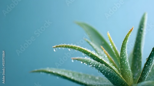 Aloe vera leaves with water droplets on blue background