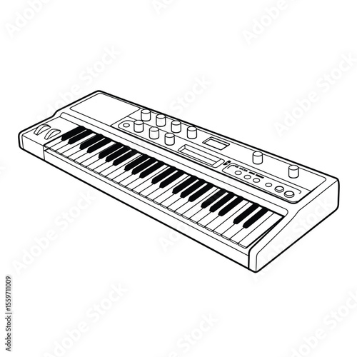 Line art illustration of a synthesizer with keys and knobs