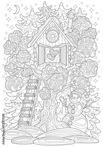 Hand drawn coloring page with snowman, small house with hearts and wooden ladder in winter garden. Line art vector illustration. Happy New Year and Merry Christmas card concept