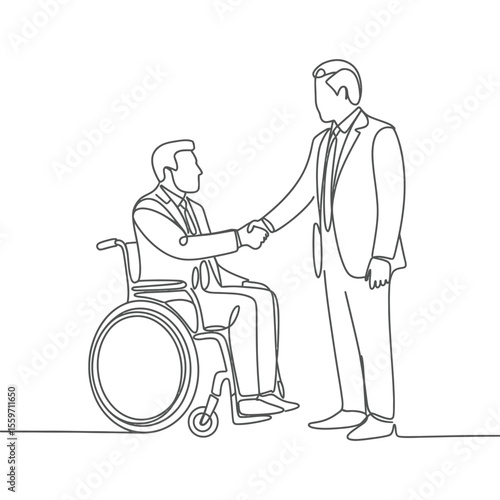 Business Partnership with Person in Wheelchair One Line Drawing