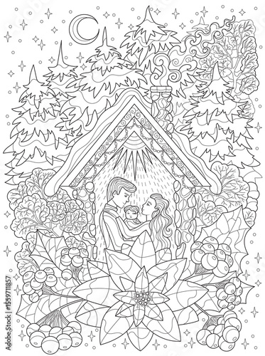 Hand drawn coloring page with loving family couple and child in the house among the trees. Line art vector illustration. Happy New Year and Merry Christmas card concept
