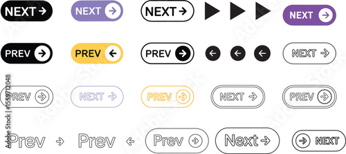 Next and Previous Arrow Button Icons – Web Navigation UI Elements. Web page button for move to the next and previous item. Web buttons with arrow for web site and user interface . Web design 