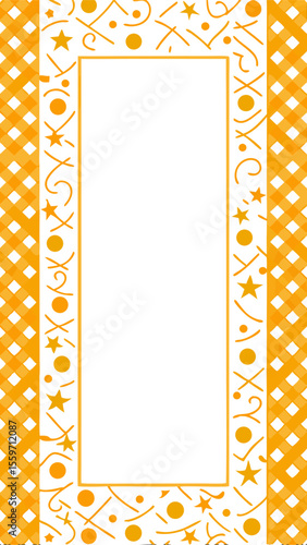 Festive orange border with gingham pattern and scattered stars circles and swirls for celebrations
