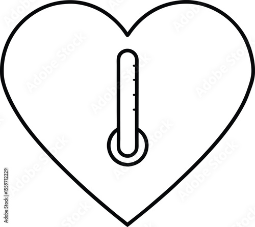 Stylized line art of a thermometer inside a heart shape representing health and well being isolated on white background